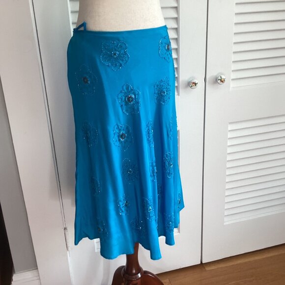 WD.NY Teal Blue 100% Silk Beaded Floral A-Line Skirt Size 12 - Picture 2 of 10